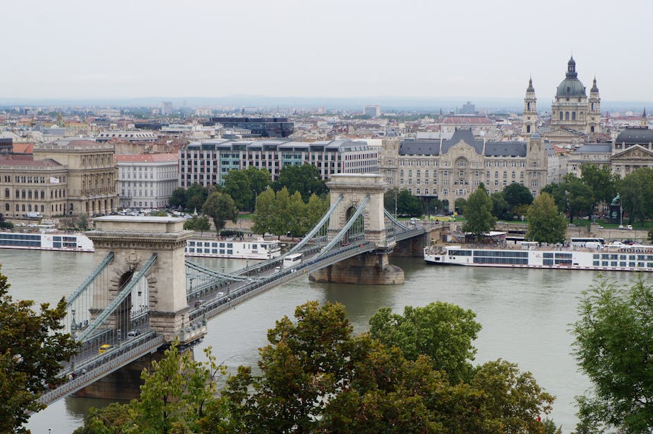 A view of a bridge spanning the river in London, with historic buildings and a domed structure visible in the background. The bridge has stone pillars and suspension cables, with steel railings along