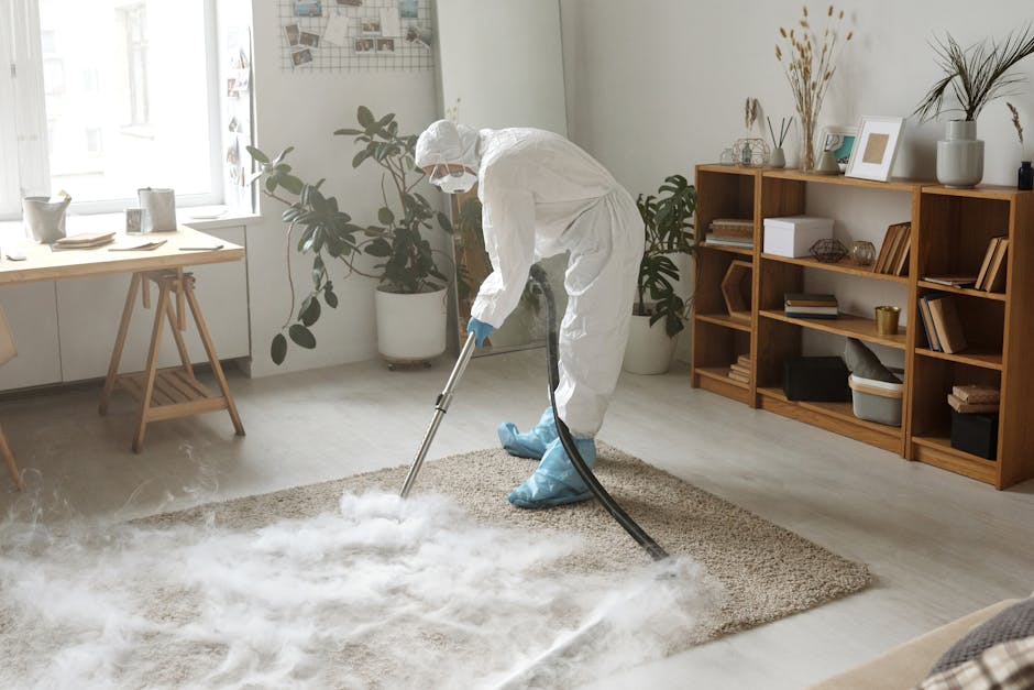 A professional cleaner dressed in a white protective suit, gloves, and face mask is performing surface cleaning in a bright, modern living room. The cleaner is using a steam or wet extraction machine to deep clean a light-colored, textured area rug placed on a wooden floor. Behind, there is a large window with natural light illuminating the space, and a wooden shelving unit with decorative items and books. To the left, a wooden table with potted plants and dishes adds to the room's decor. The overall scene demonstrates a thorough domestic cleaning process prioritized by Kennington Cleaners for maintaining hygiene and freshness in residential spaces.